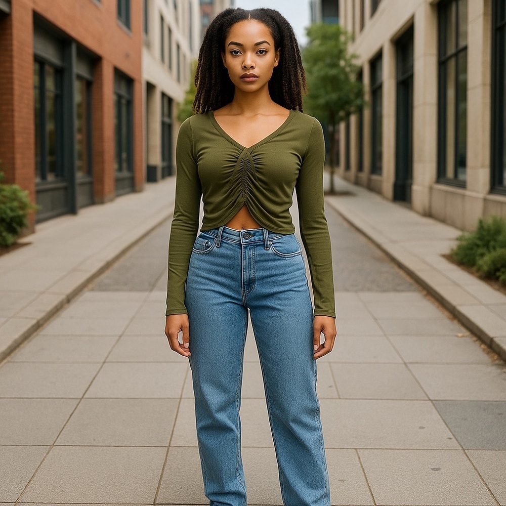 🤑 5/$25 Forever 21 V-Neck Long Sleeve Runched Front Green Crop Top